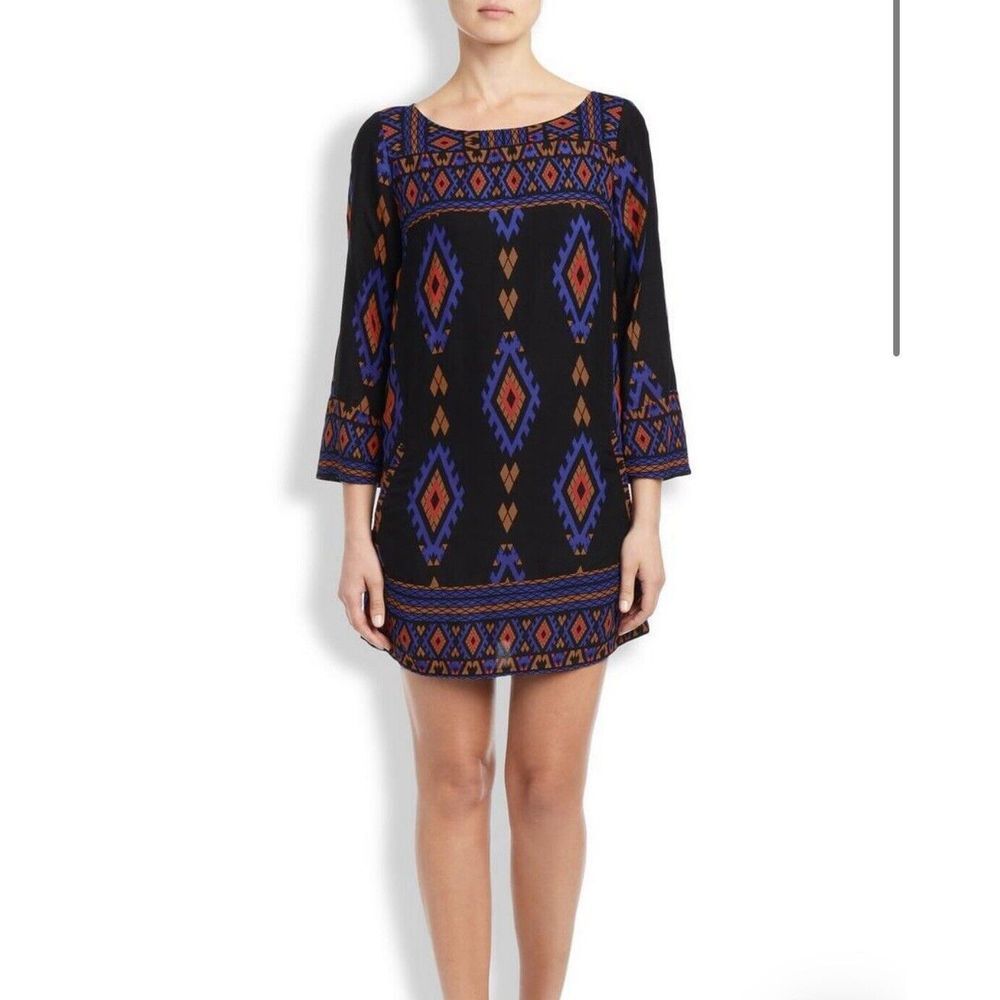 Lucky Brand Shirt Pocket Dress Small Black Aztec Print 3/4 Sleeve Tribal Western
